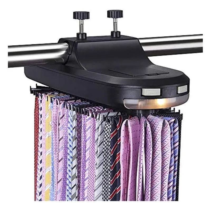 Aniva Motorized Tie Rack Best Closet Organizer with LED Lights, Includes J Hooks for Wired Shelving Stores Up to 72 Ties with 8 Belts, Rotation