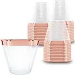 Prestee 100 Rose Gold Plastic Cups - 9 oz Hard Disposable Rose Gold Cups - Rose Gold Party Decorations - Plastic Wine Cups - Plastic Cocktail Glasses - Plastic Drinking Cups - Bulk Party Clear Cups