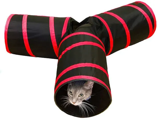 3-Way Cat Tunnels for Indoor Cats with Crinkle Cat Toy - Large, Red