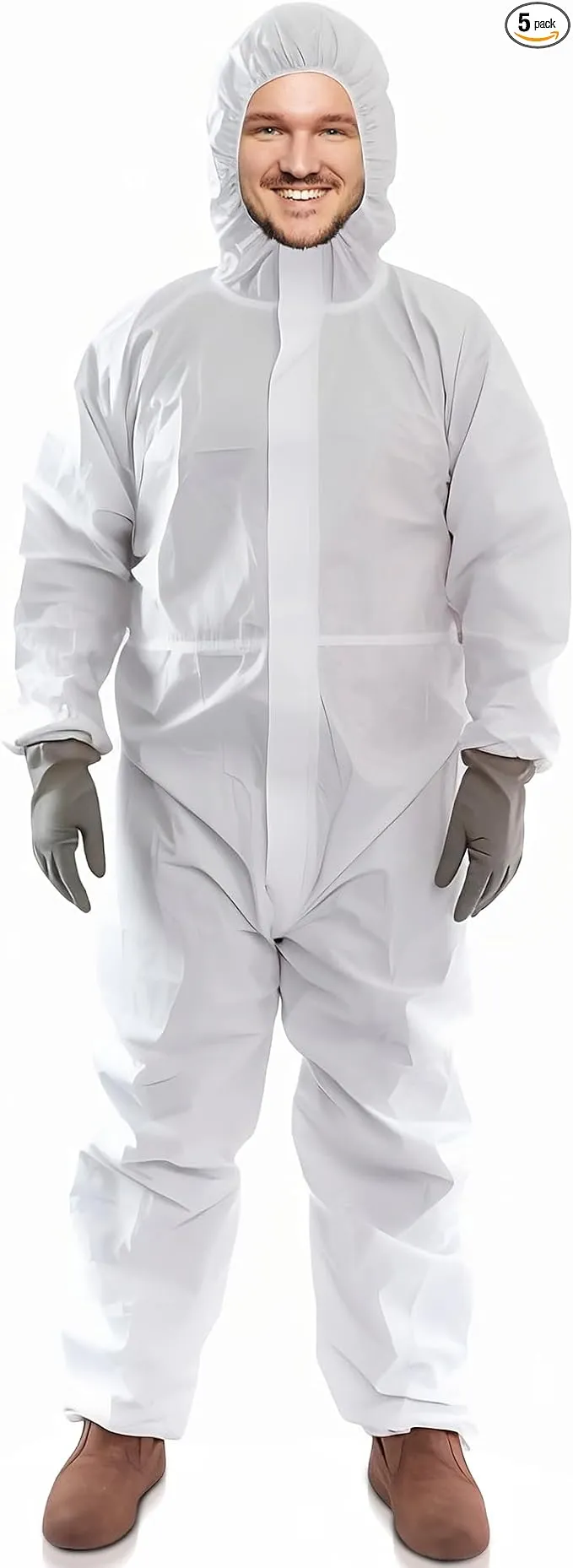 AMZ Disposable Coveralls with Hood, 3X-Large. Pack of 5 White Microporous Lab Coveralls Disposable. 60 GSM Painters Suit Disposable with Storm Flap Zipper Cover. Painters Suit Disposable. Hazmat Suit