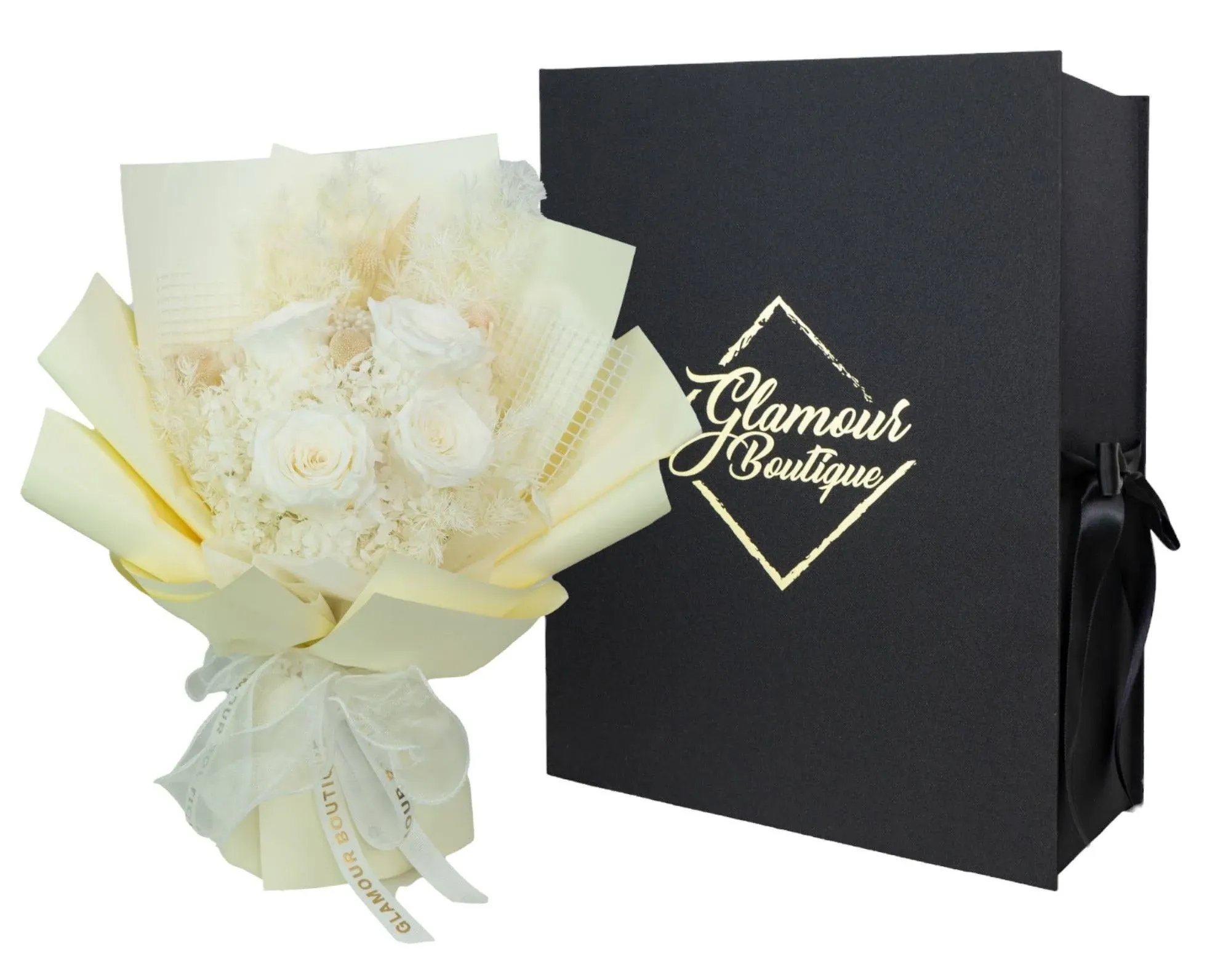 Preserved Flowers Bouquet - Forever Flowers Roses in a Box with Hydrangeas & More, Gift Ready for Anniversary, Birthday, Valentine's Day, Mother's Day, Long-Lasting 1-3 Years - White