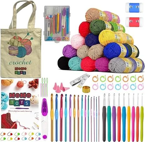 MOMOTOYS Crochet Kit for Beginners, Crochet Hook Set with Yarn Set,Crocheting Kit, 58PCS with Crochet Book and Bag, Crochet Kits for Beginners Adults, Crochet Accessories and Supplies