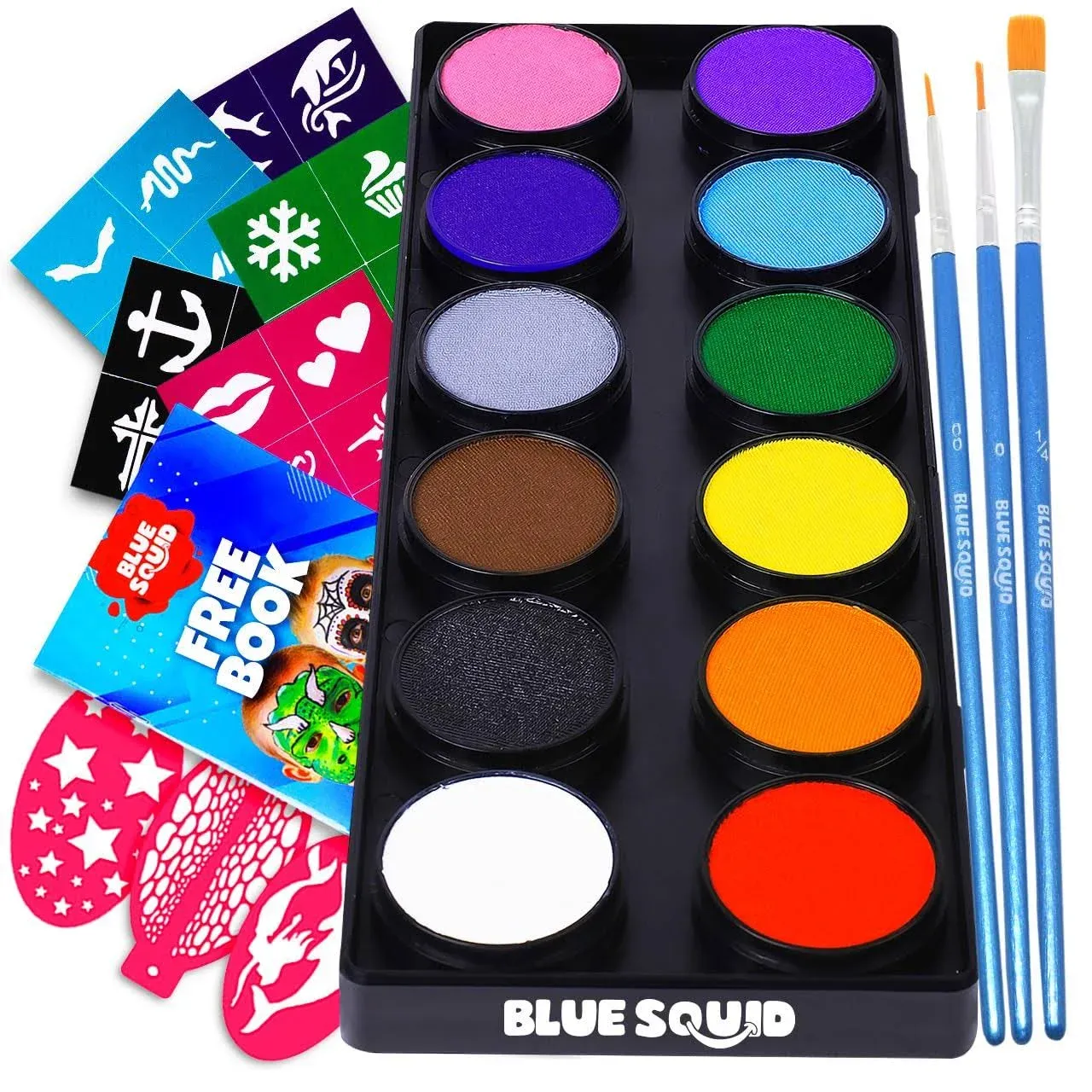 Blue Squid Face Paint Kit for Kids 12 Color Palette, 30+3 Stencils, Washable Paints, Brushes Guide, Safe Facepainting for Sensitive Skin, Profession