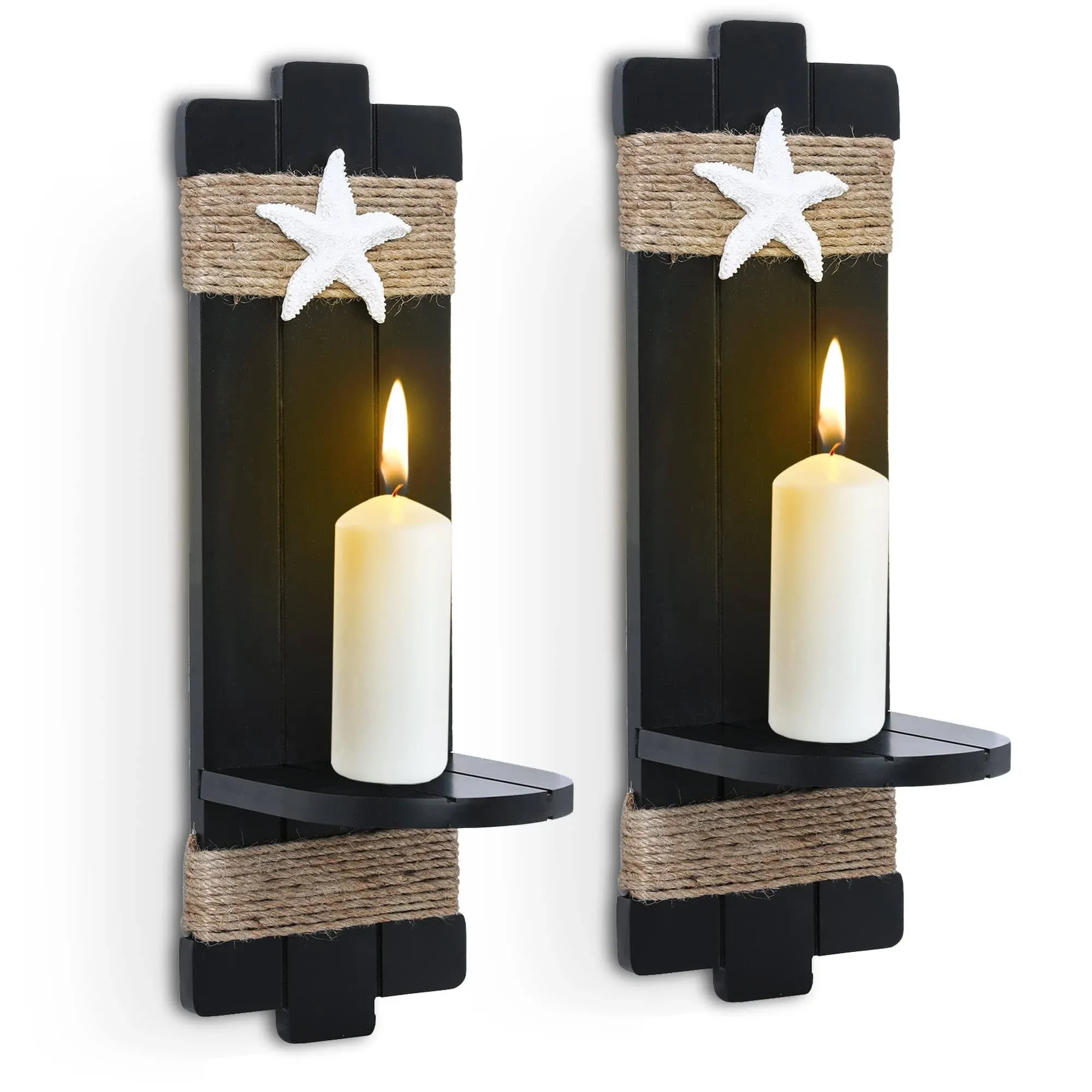 Sconces Wall Decor Set of 2, Beach Decor Starfish Wall Candle Sconces, Ocean Themed Wall-Mount Candle Holders, Farmhouse Wall Candle Sconces Shelf, Nautical Style Beach Bathroom Decor Black