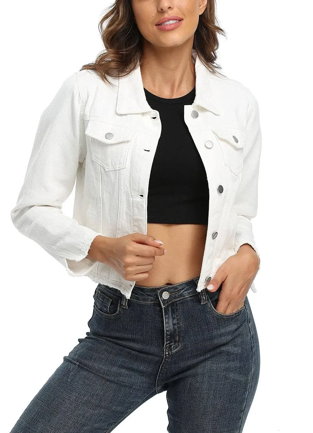 MISS MOLY Jean Jacket Women’s Frayed Washed Button Up Cropped Denim Jacket w 2 Side Pockets