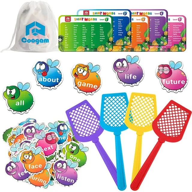 Coogam Sight Words Game with 400 Fry Site Words and 4 Fly Swatters Set, Dolch Word List Phonics, Literacy Learning Reading Flash Cards Toy Games for