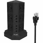 Tower Power Strip Surge Protector 12 AC Outlets with 6 Ports USB Chargers 10 Feet ...