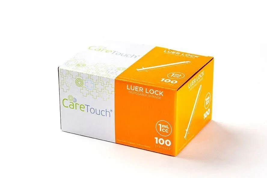 1ml Syringe Only with Luer Lock Tip - 100 Syringes Without a Needle by Care Touch - Great for Medicine, Feeding Tubes, and Home Care