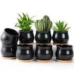 SHECIPIN 8 Pack Succulent Plant Pot, Matte Black Mini 2.6 inch Ceramic Flower Planter Pot with Bamboo Tray, Small Pots for Plants, Plants Not