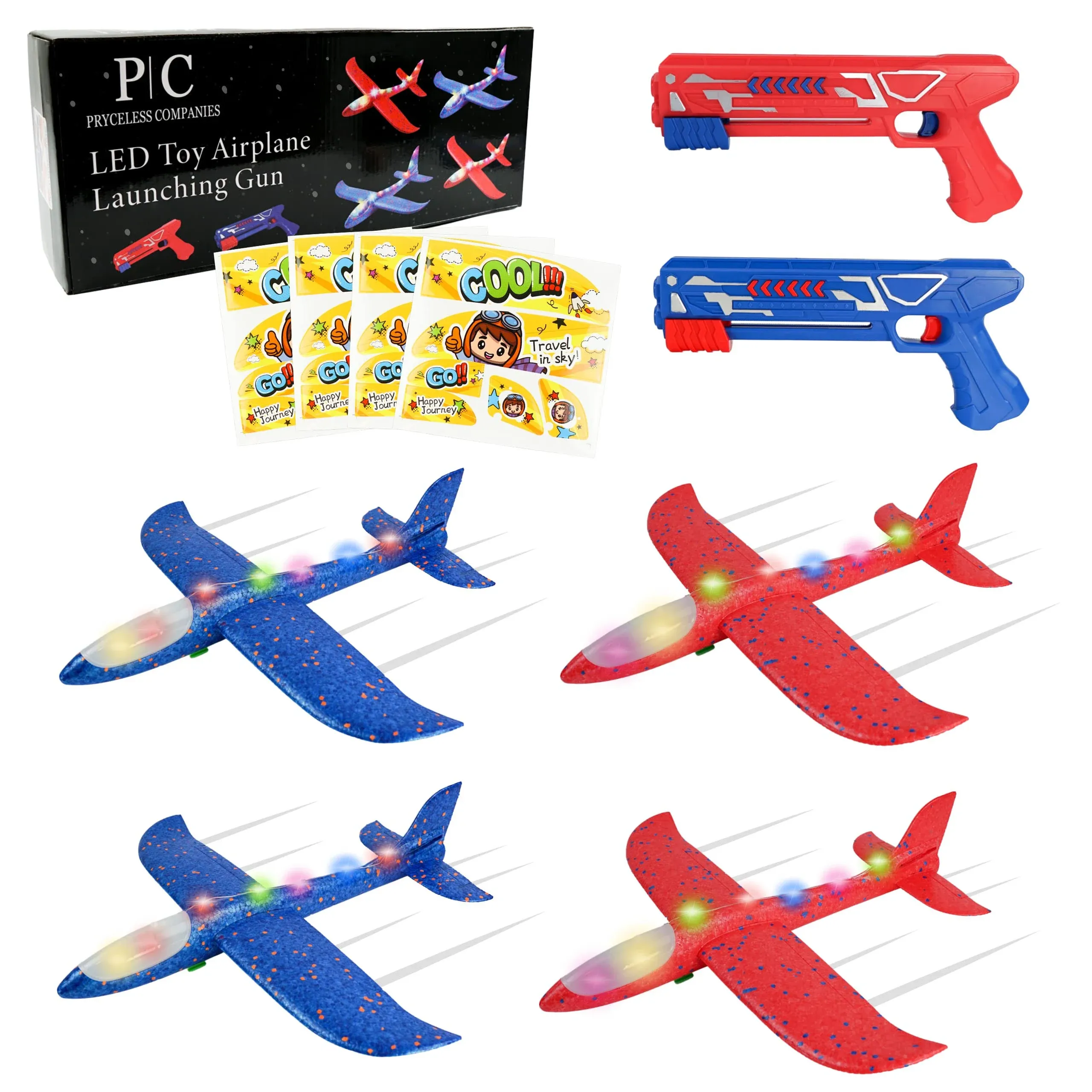 Toy Airplane Launcher - Outdoor Games - 4 Pack 17.5 Foam Glider Planes + 2 Launchers + 4 Sets of Stickers - LED Lights - Throwing Toys for Kids - Red & Blue Flying Toys – 4 5 6 7 8 Year Old Boys Girls