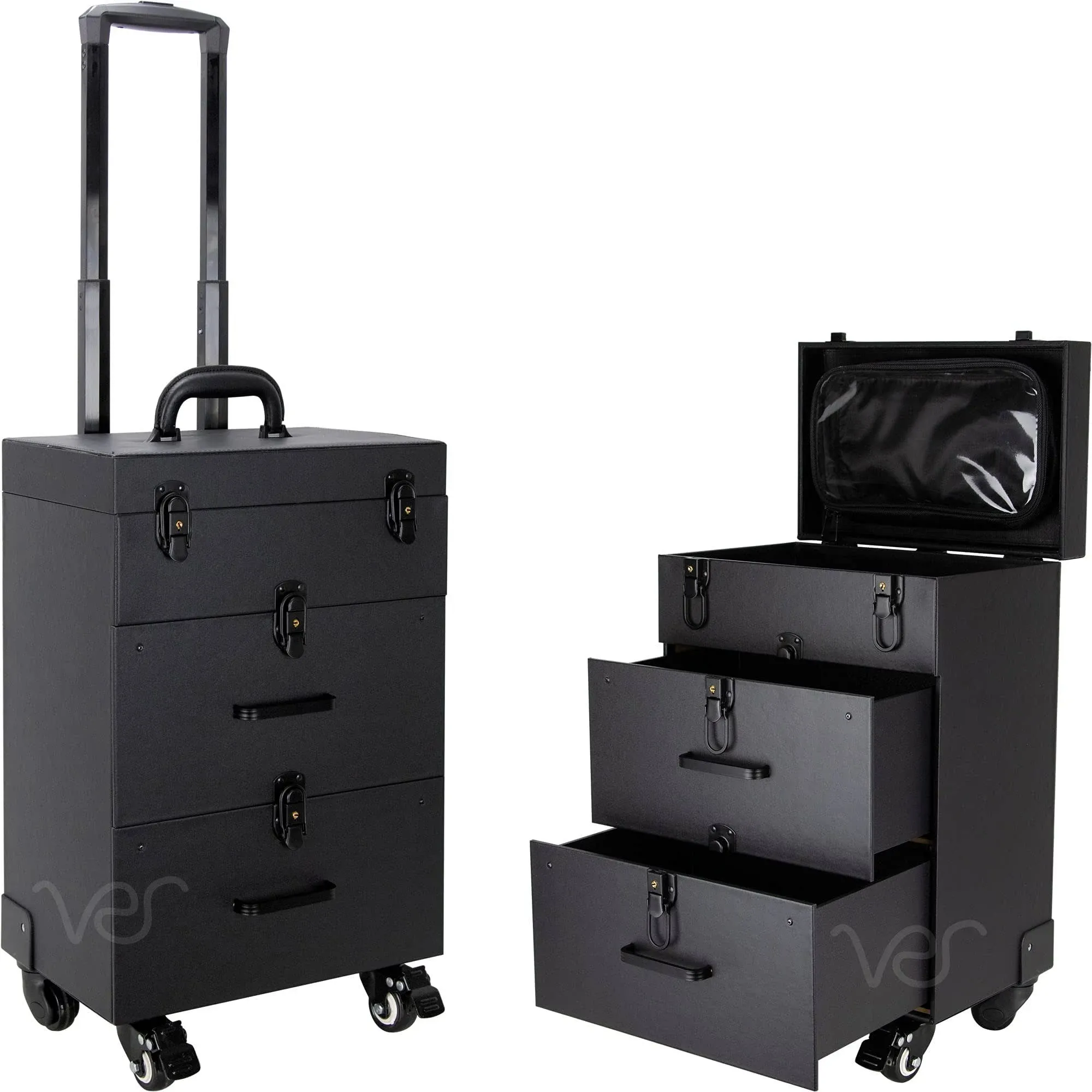 Ver Beauty Rolling Makeup Trolley Salon Cosmetic Hair Stylist and Professional Nail Artist Train Case Hairdressing Organizer Box 360° Swivel Wheels Faux Leather, Black