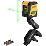 PREXISO 65FT Laser Level Self-Leveling Cross-Line/Horizontal/Vertical Green Beam, with Rotatable Mount Clamp, LED Indicator for Hanging Pictures, 2 AA Batteries (360°Clamp& LED Indicator)