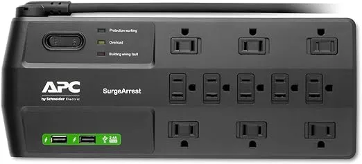 APC Surge Protector with USB Ports, P11U2MP10, 2880 Joule, 8' Cord, Flat Plug, 11 Outlet Power Strip