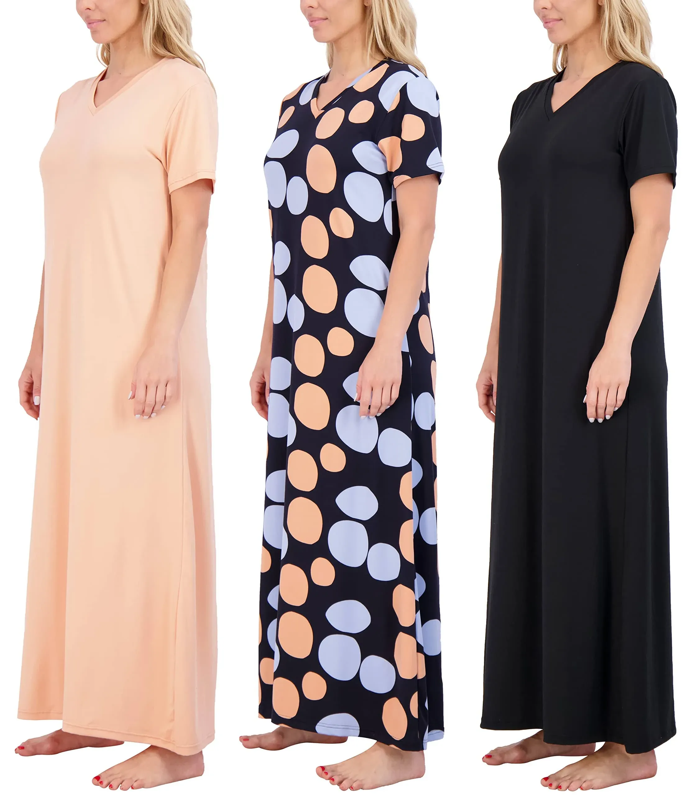 Real Essentials 3 Pack: Women's Soft Maxi Long Nightshirt Short Sleeve Soft ...