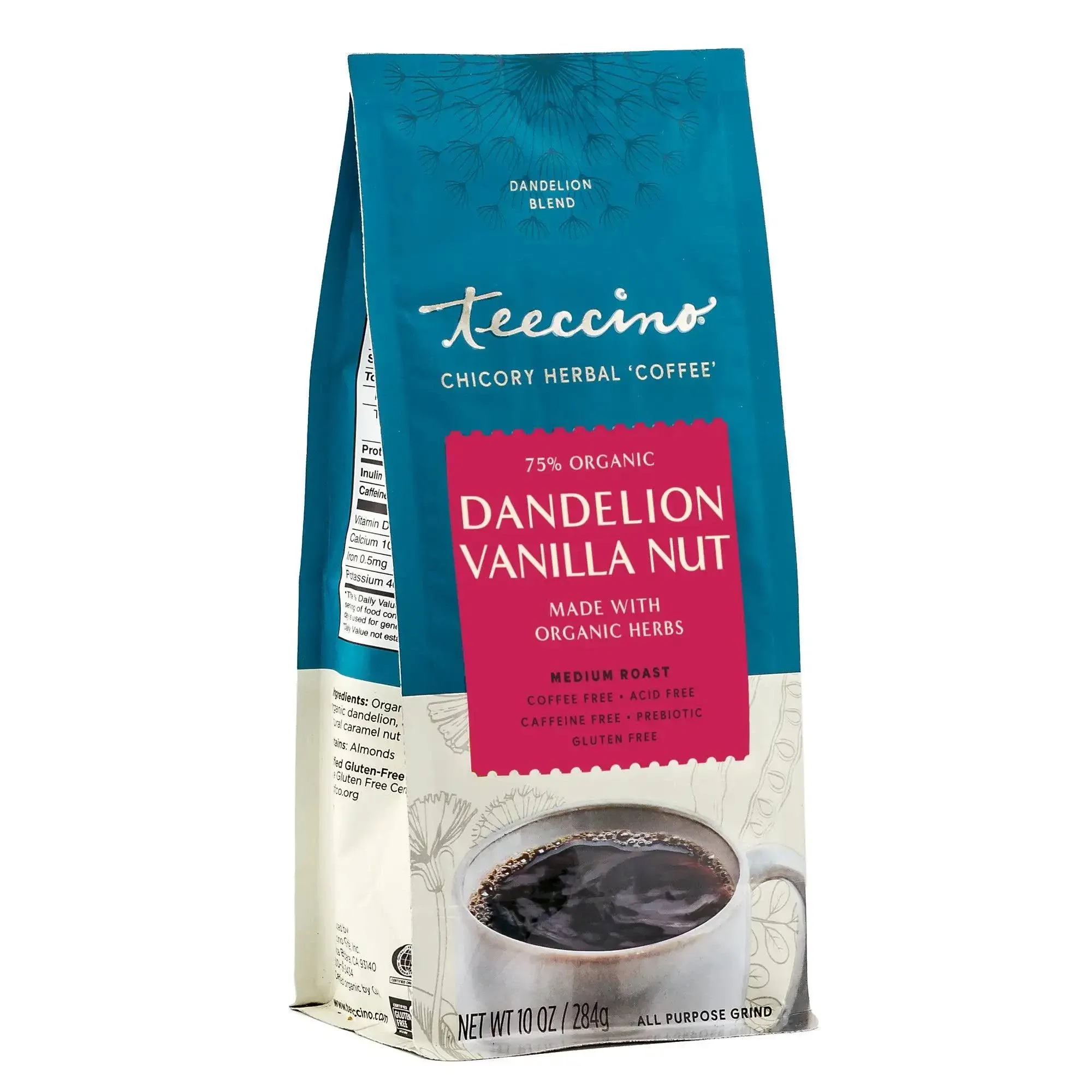 Teeccino Dandelion Vanilla Nut Herbal Coffee - Caffeine-Free Coffee Alternative with Prebiotics, Gluten Free, Acid Free - Medium Roast, 10 oz