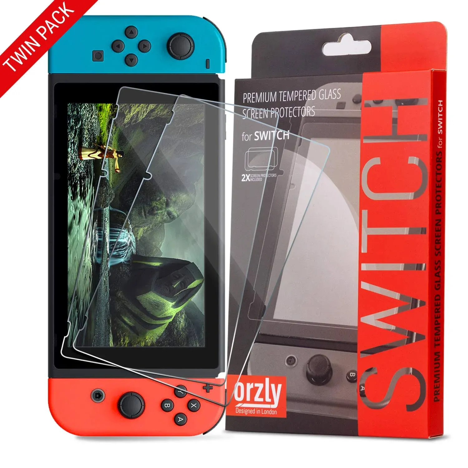 Orzly Glass Screen Protectors Compatible with Nintendo Switch - Premium Tempered Glass Screen Protector Twin Pack [2X Screen Guards - 0.24mm] for 6.2 Inch Tablet Screen on Nintendo Switch Console