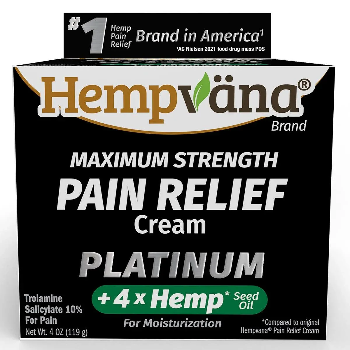 Hempvana As Seen On TV Platinum Pain Cream with 4 Times Hemp Seed Oil Absorbs Quickly & Targets Inflammation, Muscle & Arthritis Fast Relief, More Range of Motion, 4 Oz, White