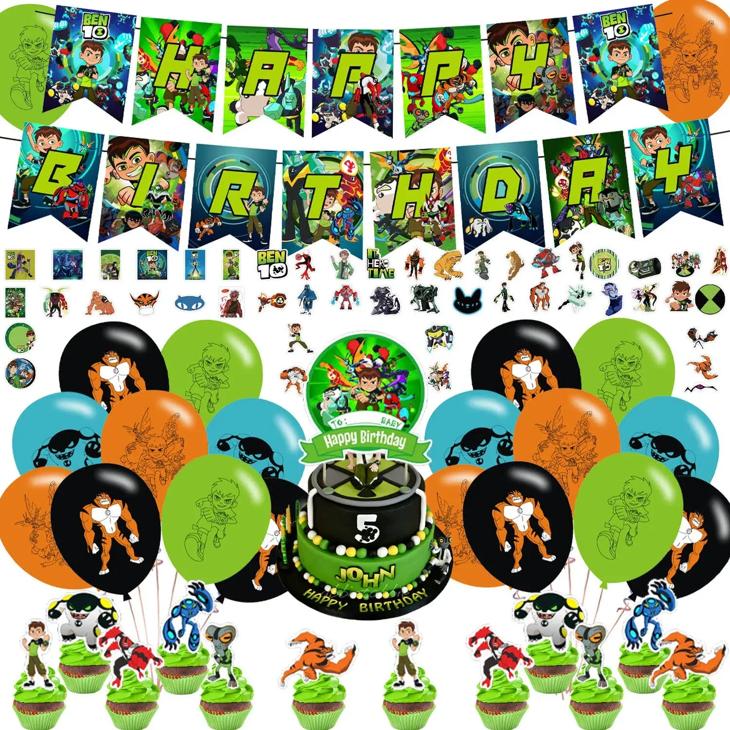 Ben 10 Party Decorations,Birthday Party Supplies For Ben 10 Party Supplies Includes Happy Birthday Banner, Stickers, Balloons, Cupcake Toppers, Cake Topper for Boys And Girls