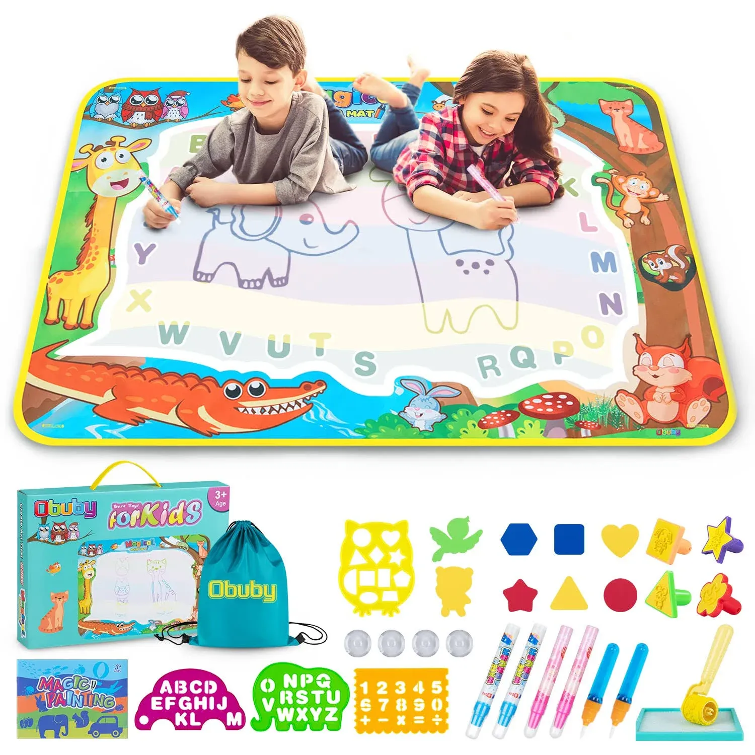 Obuby Water Drawing Mat Kids Doodle Mats Coloring Writing Board No Mess Toy for Kid Toddler Animal Educational Painting Pad Toys for Age 3 4 5 6 7 8 9 10 11 12 Girls Boys Toddlers Gift 40 x 28 Inches