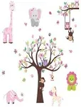 DEKOSH Pink Jungle Baby Nursery Wall Decal Peel & Stick Colorful Owl Giraffe Lion Animal Wall Stickers for Kids Room