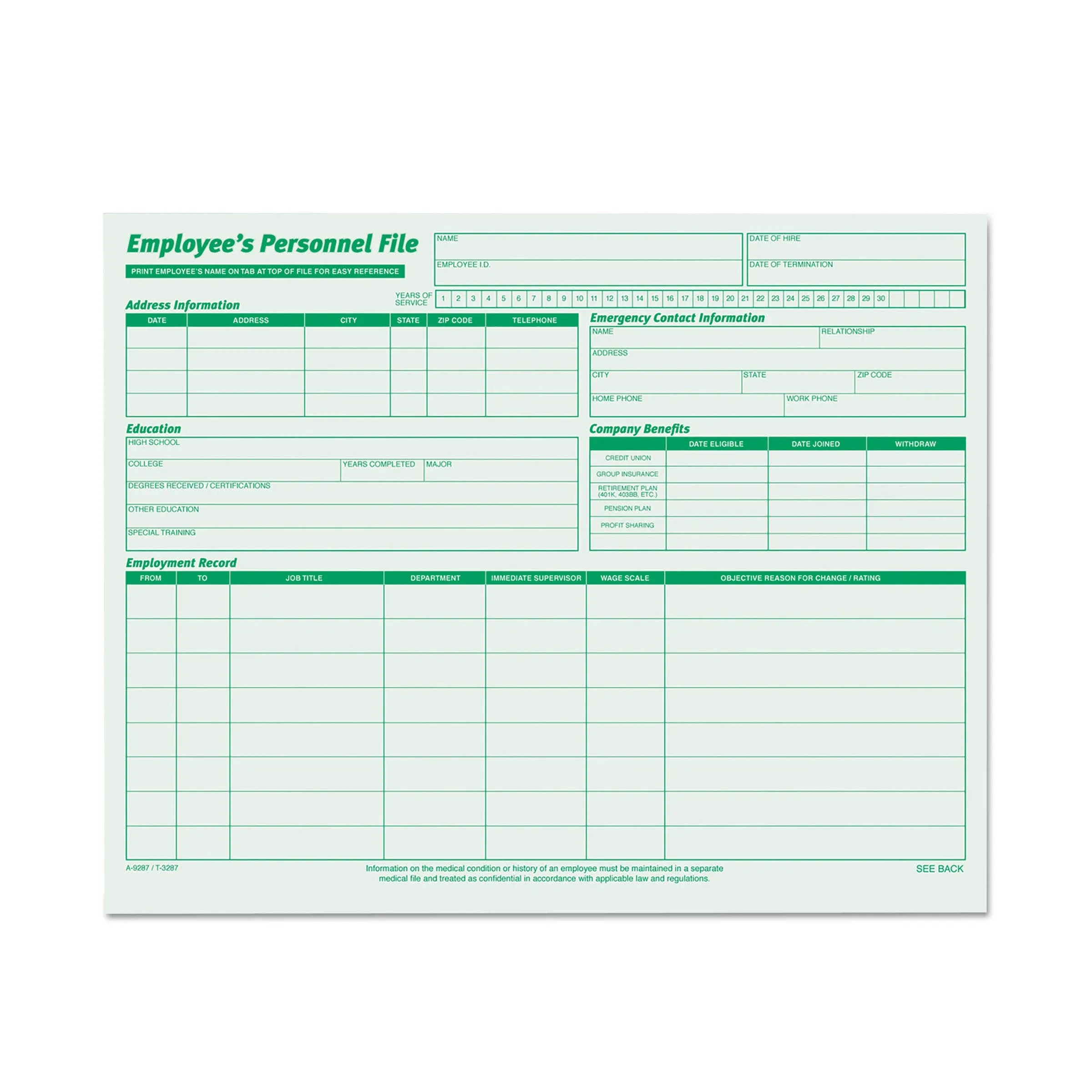 TOPS 3287 Employee Record File Folders, Straight Cut, Letter, 2-Sided, Green Ink (Pack of 20)