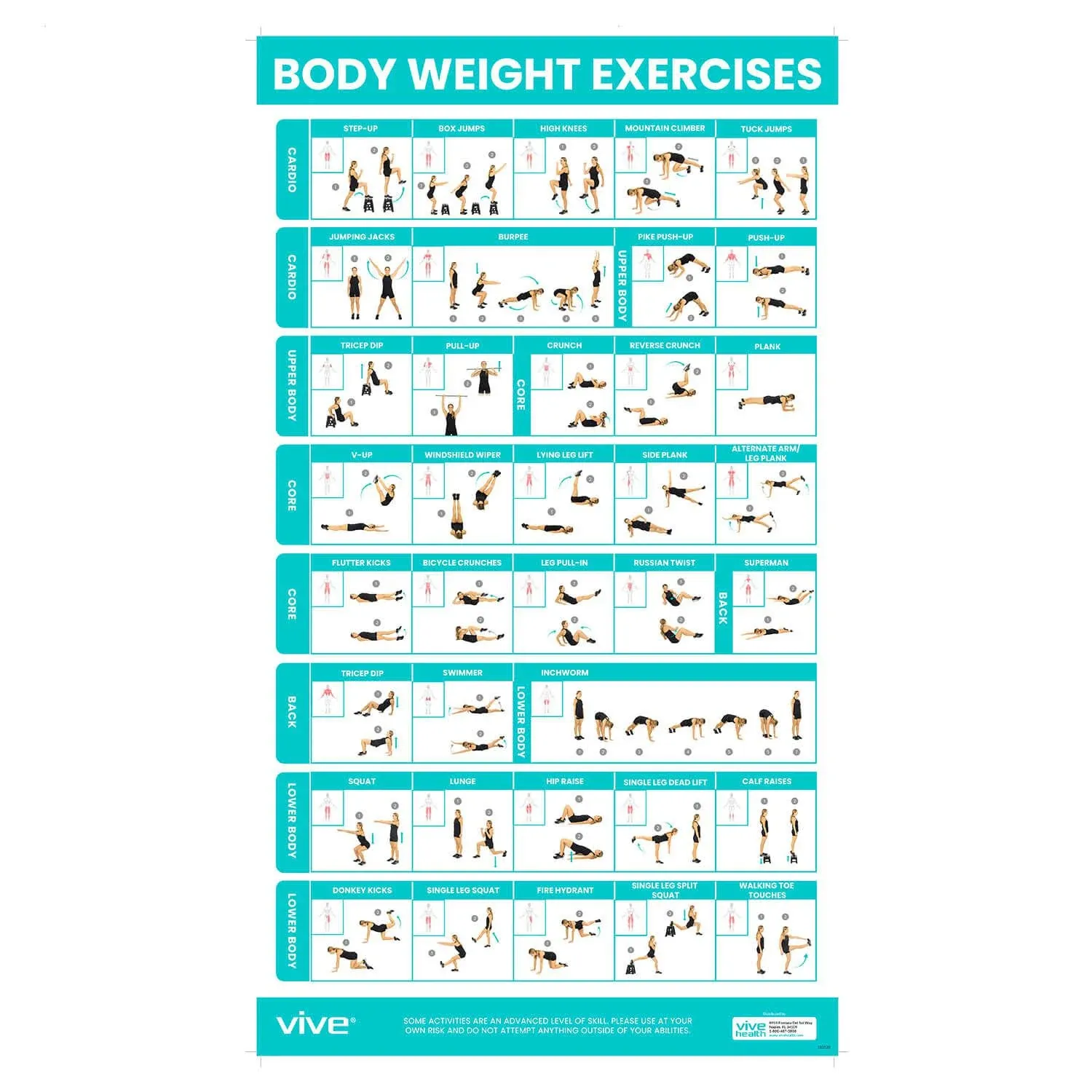 Vive Bodyweight Exercise Poster - Workout Poster for Home Gym Decor - Body Weight Laminated Poster - Workout Room Accessories - Hitt Chart For Abs, Glute, Core, Legs, Arms, Back - No Equipment Needed