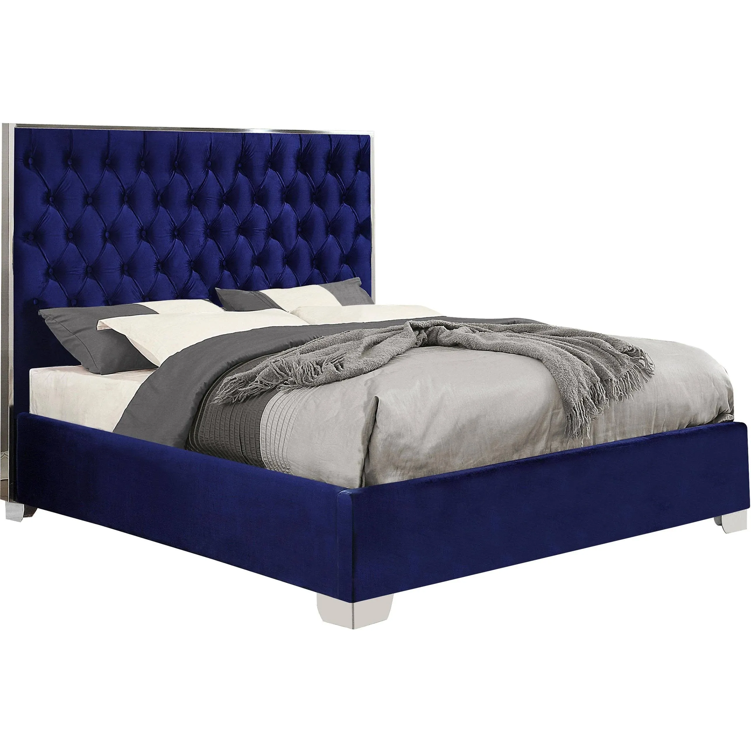 Meridian Furniture Lexi Collection Modern | Contemporary Velvet Upholstered Bed with Deep Tufting, Polished Chrome Stainless Steel Frame and Legs, Full, Navy