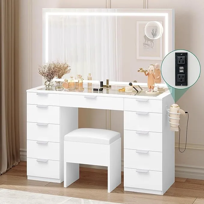 Yitahome Vanity Desk Set with Large LED Lighted Mirror & Power Outlet, Glass Top Vanity with 11 Drawers and Magnifying Glass