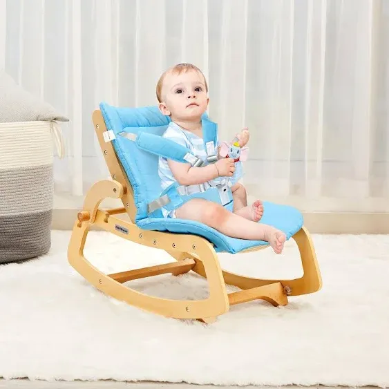 MallBest Baby Bouncer Adjustable Wooden Rocker Recliner Removable Cushion Blue