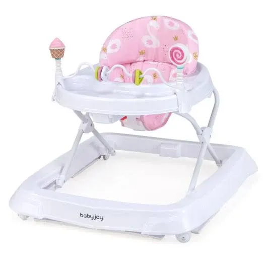 BABY JOY Baby Walker, Foldable Activity Walker Helper with Adjustable Height, Baby Activity Walker with High Back Padded Seat & Bear Toys (Gray, Star Pattern)