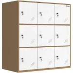 MECOLOR Shool and Home Locker Cabinet Organizer Storage 9 doors Brown body with white door wall mouted type