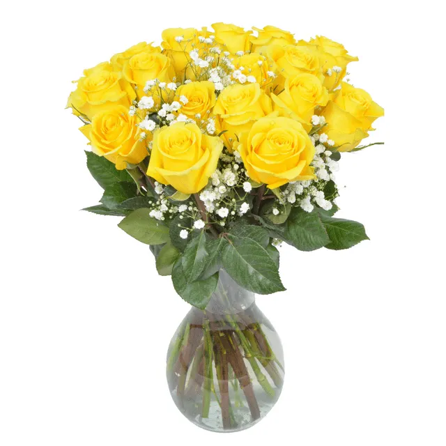 18 Yellow Roses with Baby&#039;s Breath in a Hand-Blown Glass Va