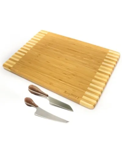 Bamboo 3pc Striped Cutting Board And Aaron Probyn Cheese Knives Set In Silver