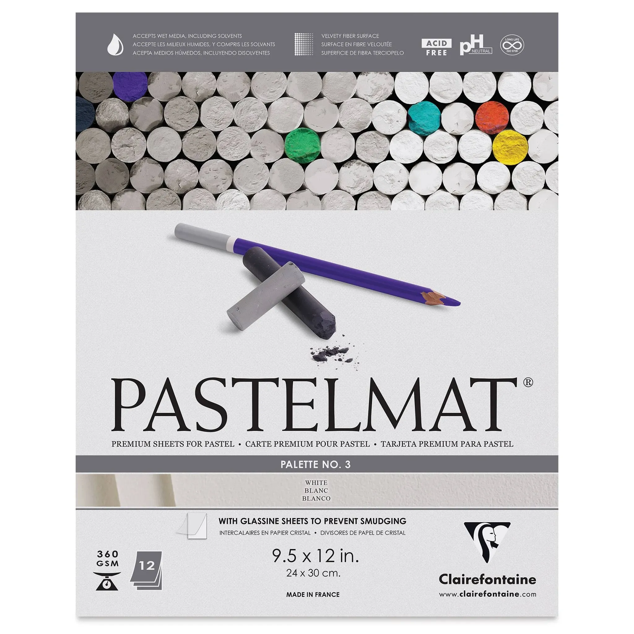 Clairefontaine Pastelmat Glued Pad - Palette No. 3 - (9 1/2 x 12 Inches) 24 x 30 cm - 360g - 12 Sheets - White