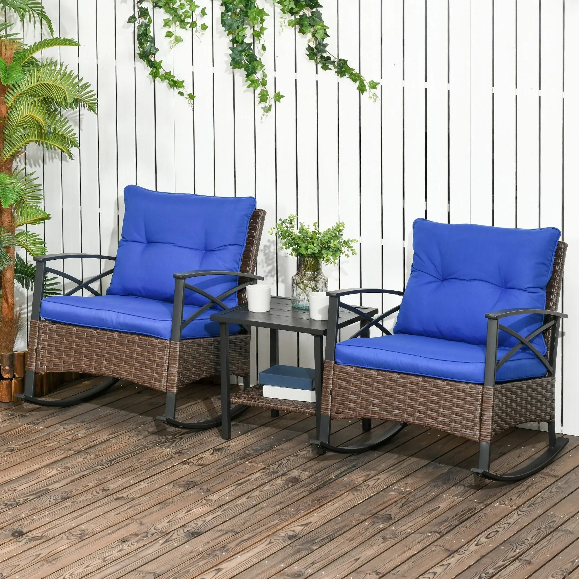 Outsunny 3 Piece Patio Rocking Chair Set, Outdoor Wicker Bistro Set with 2 Cushioned Porch Rockers and 2 Tier Coffee Table for Garden, Porch, Backyard, Blue