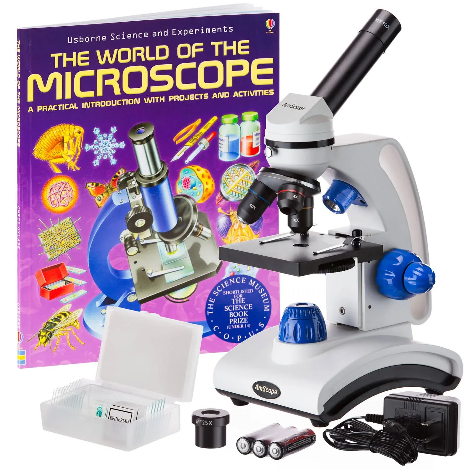 AmScope Awarded 2018 Best Students and Kids Microscope Kit - 40X-1000X Dual Light All Metal Microscope with Slides and Microscope Book