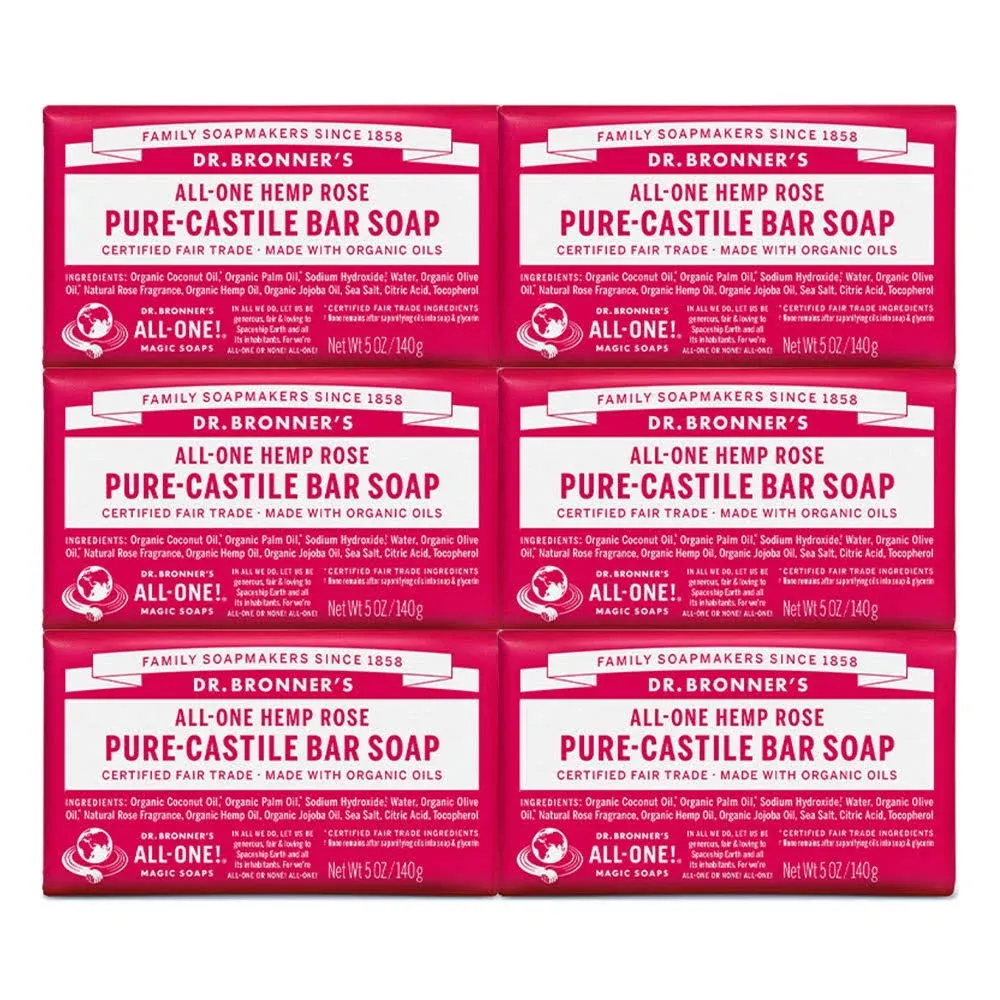 PURE-CASTILE BAR SOAP, 5 oz Organic oils hemp Dr. Bronner Almond Peppermint Rose