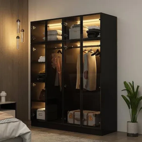 Hitow Wardrobe Closet Armoire with Glass Doors & 3 Colors Light, Large Bedroom Armoire Clothes Organizer with Shelve & Hanging Rods, Modern Glass Display Cabinet, Black (59.1”W x 19.7”D x 74.8”H)