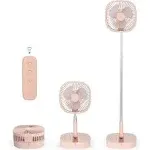 Portable Pedestal Fan - Foldaway Standing Fan Foldable Desk Fan, Use 7200Mah Rechargeable Battery, Remote Control Telescopic 4 Speed Quiet Timer Fan for Home Kitchen Outdoor Camping (Pink)