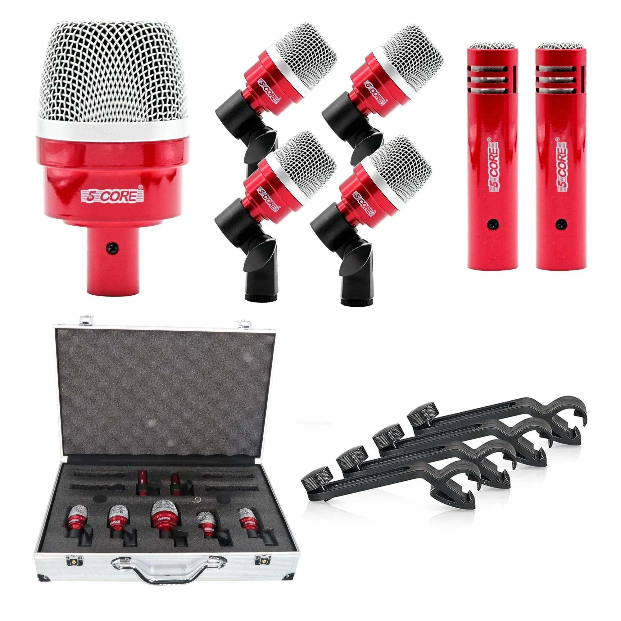 5 CORE Professional Drum Mic Kit 7 Piece Metal XLR Dynamic Vocal Microphone for Kick Bass Tom Snare & Cymbals Congas Instrument Set for Live Applications & Studio Recording Drummers Black DM 7RND BLK