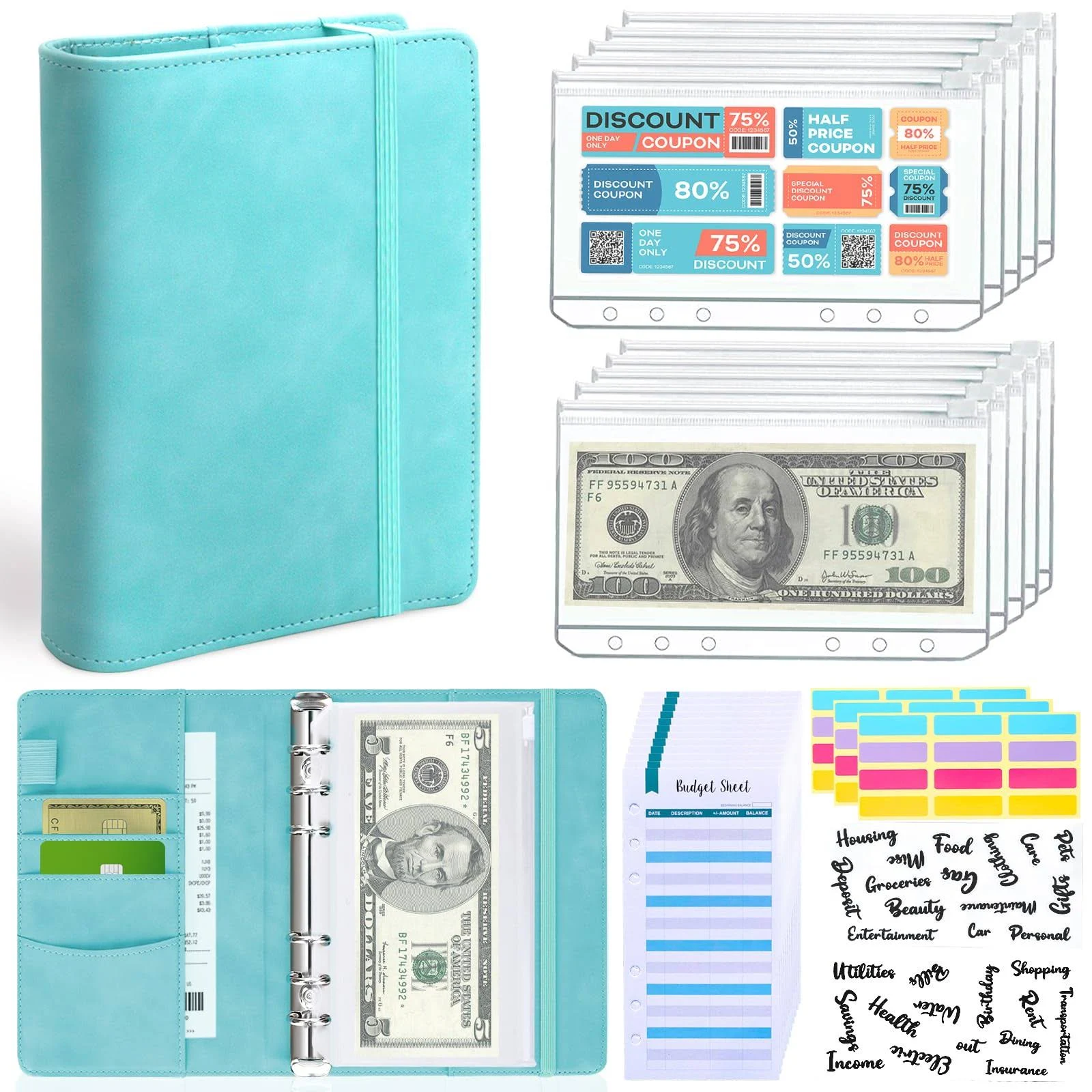 LINTRU Budget Binder with Zipper Envelopes, Budget Book with Cash Envelopes, Premium Pu Leather A6 Binder with Expense Budget Sheets and Stickers, Savings Binder for Budgeting (Ice Green)