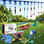 Ninja Warrior Obstacle Course for Kids, 2×56ft Slackline Kit with 8 Ninja Accessories - Monkey Bar, Rope Ladder, Gymnastic Ring, Arm Trainer and Monkey Fist