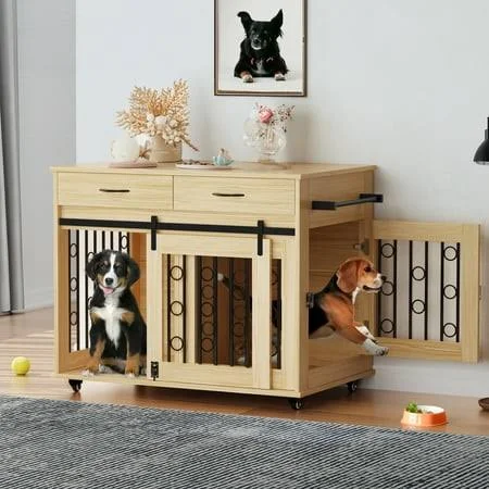 Dextrus Dog Crate Furniture, 39 inch Large Wooden Indoor Dog Kennel with Divider ...