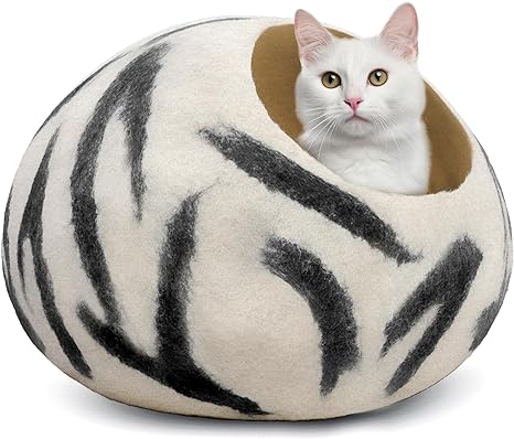 Woolygon Premium Felt Cat Cave Bed - Polka Dot Series - Wool Kitty Beds Handcrafted Kitten Caves Bed for Indoor Cats - Eco-Friendly Merino Wool, Foldable Cat Hideaway Cat Houses (Yellow/Black Dots)