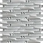 Glass Metal Tile Linear Mosaic Sparkle Silver Crystal Glass Chrome Metallic Stain Resistant for Kitchen Backsplash Bathroom & Shower Wall Tiles (6 Square Feet)