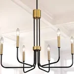 Farmhouse Chandelier for Dining Room,Modern 6 Light Black & Gold Candle Chandeliers, Hanging Lighting Fixture Over Table for Kitchen Island Living Room Foyer Entryway Pendant Lighting