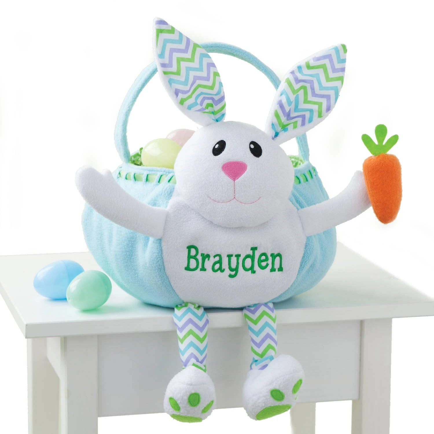 Personalized Plush Easter Bunny Basket with Custom Name | Blue Soft Easter Bag with Chevron Patterned Bunny Ears and Handle | Customized Easter Basket | Great for Easter Egg Games