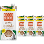 Good Karma Unsweetened Oatmilk + Barista Blend, 32 Ounce (Pack of 6), 800mg Omega -3s, Plant-Based Non-Dairy Milk Creamer Alternative with Oats, Flax and Peas, Lactose Free, Vegan, Shelf Stable