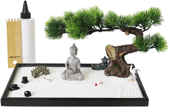 Japanese Tabletop Meditation Zen Garden Gift - Tabletop Rock Sand Meditating Garden Bridge Bamboo Rakes Bonsai Tree Plant Pagoda Accessories Tools Kits Office Home Desktop Relaxation Sandbox Decor