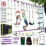 Trailblaze - Ninja Warrior Hanging Obstacle Course for Kids, 50 Feet Ninja Slackline Set with Tree Protectors, Gym Rings, Monkey Bars, Seat Swing,